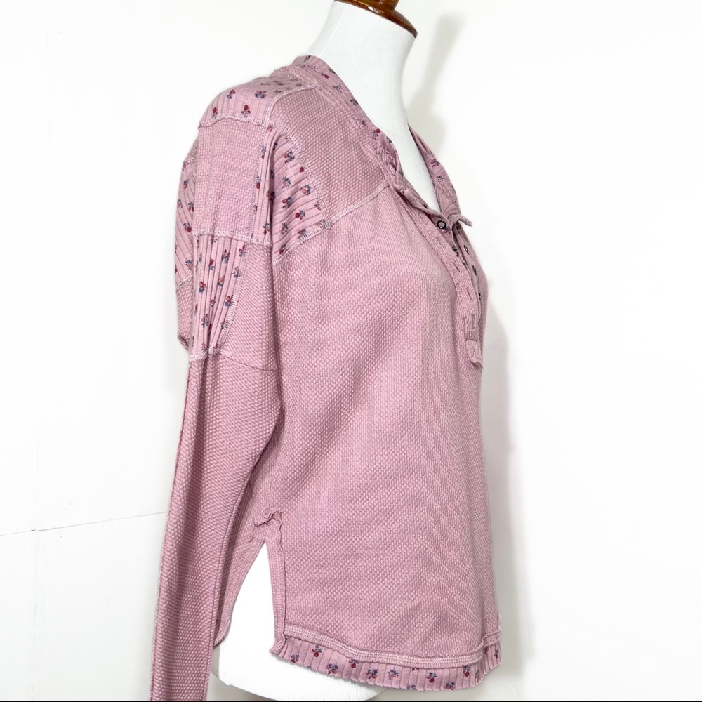 SOLD-Free People Layered Look Lavender Cherry Print Thermal Henley Knit Top - Picture 5 of 12